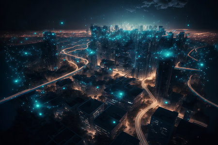 Night city Cyber punk landscape concept. Light glowing on dark scene. Night life. Technology network for 5g. Beyond generation and futuristic of Sci-Fi Capital city and building scene. Generative AI.の素材