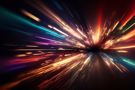 Motion of line speed and power or light trails. High-speed light with curve movement beam. 5G Technology fast and futuristic background. Abstract motion blur. Generative AI.の素材