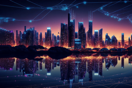 Night city Cyber punk landscape concept. Light glowing on dark scene. Night life. Technology network for 5g. Beyond generation and futuristic of Sci-Fi Capital city and building scene. Generative AI.の素材