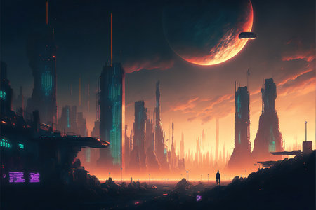 Night city Cyber punk landscape concept. Light glowing on dark scene. Night life. Technology network for 5g. Beyond generation and futuristic of Sci-Fi Capital city and building scene. Generative AI.の素材