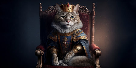 The Royal cat with luxury dress costume. Close up Portrait King cat with throne and crown. Generative AI.の素材
