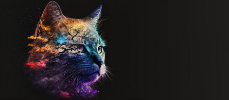 Abstract animal Cat portrait with colorful double exposure paint. Generative AI.の素材