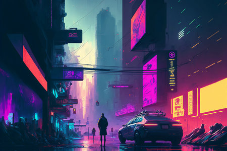 Night city Cyber punk landscape concept. Light glowing on dark scene. Night life. Technology network for 5g. Beyond generation and futuristic of Sci-Fi Capital city and building scene. Generative AI.の素材