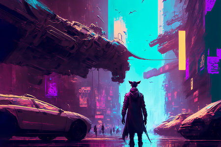 Night city Cyber punk landscape concept. Light glowing on dark scene. Night life. Technology network for 5g. Beyond generation and futuristic of Sci-Fi Capital city and building scene. Generative AI.の素材