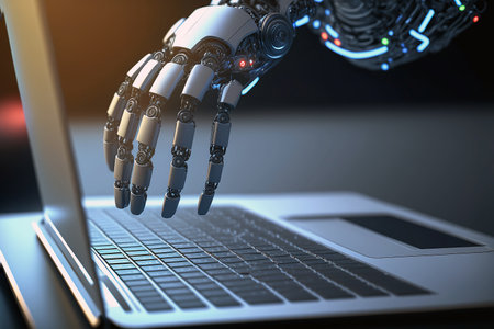 Futuristic Cyber hand using laptop and typing keyboard. Technology in future. Writing programming codes. Generative AI.の素材