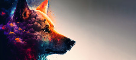 Abstract animal Fox portrait with colorful double exposure paint. Generative AI.の素材