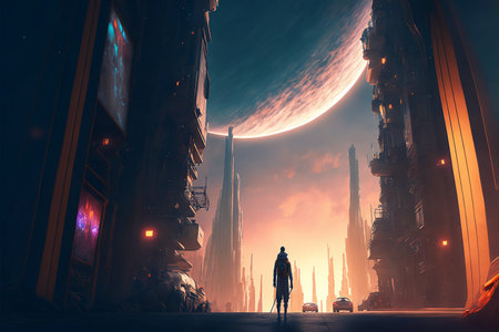 Night city Cyber punk landscape concept. Light glowing on dark scene. Night life. Technology network for 5g. Beyond generation and futuristic of Sci-Fi Capital city and building scene. Generative AI.の素材