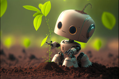 Cartoon cute Robot planted seedling young tree into the soil. Rehabilitation of natural resources to help world form global warming. Green environment. Generative AI.の素材