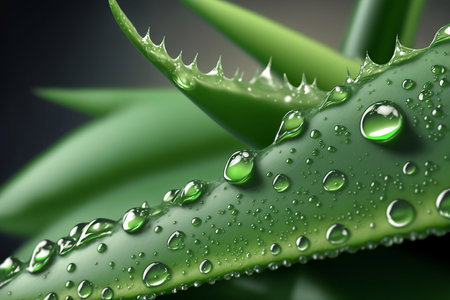 Aloe vera cover with drops of water. Macro close up Succulent leaves and water. Generative AI.の素材
