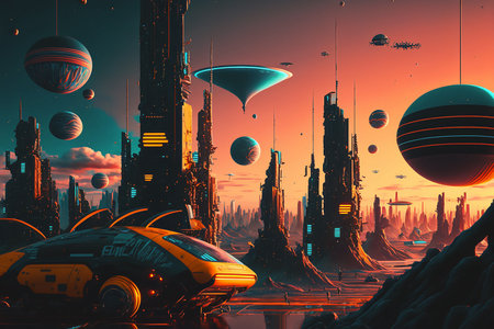 Night city Cyber punk landscape concept. Light glowing on dark scene. Night life. Technology network for 5g. Beyond generation and futuristic of Sci-Fi Capital city and building scene. Generative AI.の素材