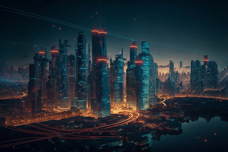 Night city Cyber punk landscape concept. Light glowing on dark scene. Night life. Technology network for 5g. Beyond generation and futuristic of Sci-Fi Capital city and building scene. Generative AI.の素材