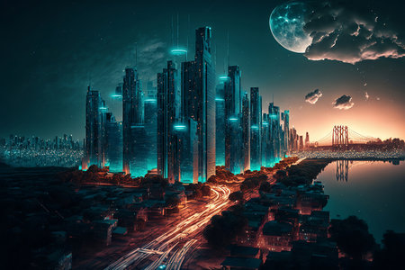 Night city Cyber punk landscape concept. Light glowing on dark scene. Night life. Technology network for 5g. Beyond generation and futuristic of Sci-Fi Capital city and building scene. Generative AI.の素材