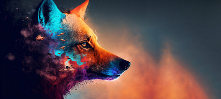 Abstract animal Fox portrait with colorful double exposure paint. Generative AI.の素材