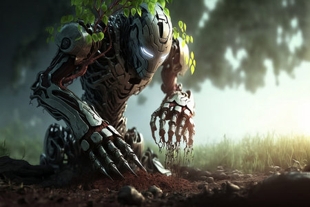 Cartoon cute Robot planted seedling young tree into the soil. Rehabilitation of natural resources to help world form global warming. Green environment. Generative AI.の素材