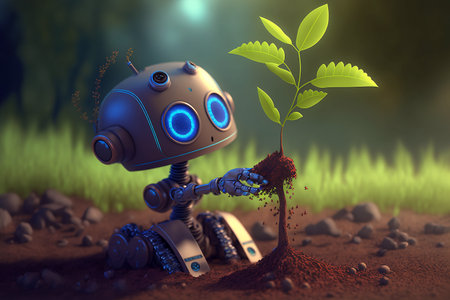 Cartoon cute Robot planted seedling young tree into the soil. Rehabilitation of natural resources to help world form global warming. Green environment. Generative AI.の素材