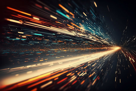 Motion of line speed and power or light trails. High-speed light with curve movement beam. 5G Technology fast and futuristic background. Abstract motion blur. Generative AI.の素材