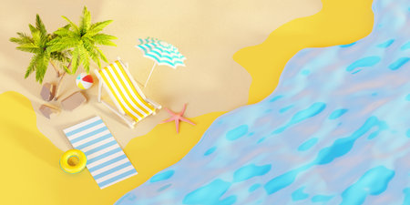 Summer vacation beach abstract background concept, Minimal Realistic Display Podium for Product mock-up or Cosmetics with summer theme, beach umbrella, sand, chairs, inflatable ring. 3d renderingの写真素材