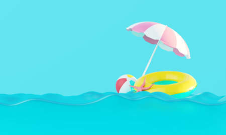 Summer vacation beach abstract background concept, Minimal Realistic Display Podium for Product mock-up or Cosmetics with summer theme, beach umbrella, sand, chairs, inflatable ring. 3d renderingの写真素材