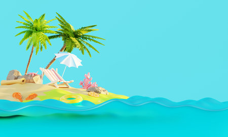 Summer vacation beach abstract background concept, Minimal Realistic Display Podium for Product mock-up or Cosmetics with summer theme, beach umbrella, sand, chairs, inflatable ring. 3d renderingの写真素材