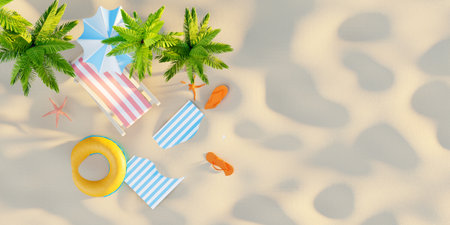 Summer vacation beach abstract background concept, Minimal Realistic Display Podium for Product mock-up or Cosmetics with summer theme, beach umbrella, sand, chairs, inflatable ring. 3d renderingの写真素材