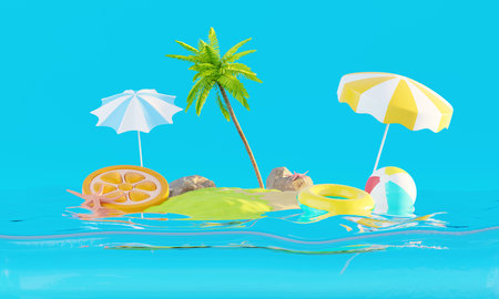 Summer vacation beach abstract background concept, Minimal Realistic Display Podium for Product mock-up or Cosmetics with summer theme, beach umbrella, sand, chairs, inflatable ring. 3d renderingの写真素材