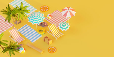 Summer vacation beach abstract background concept, Minimal Realistic Display Podium for Product mock-up or Cosmetics with summer theme, beach umbrella, sand, chairs, inflatable ring. 3d renderingの写真素材