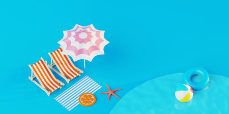 Summer vacation beach abstract background concept, Minimal Realistic Display Podium for Product mock-up or Cosmetics with summer theme, beach umbrella, sand, chairs, inflatable ring. 3d renderingの写真素材