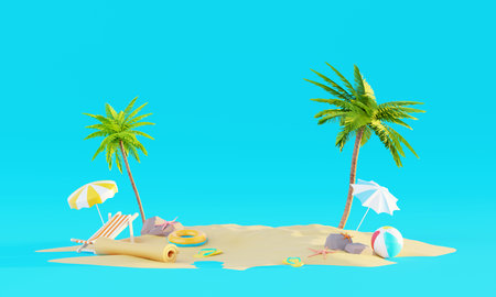 Summer vacation beach abstract background concept, Minimal Realistic Display Podium for Product mock-up or Cosmetics with summer theme, beach umbrella, sand, chairs, inflatable ring. 3d renderingの写真素材