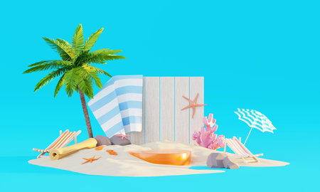 Summer vacation beach abstract background concept, Minimal Realistic Display Podium for Product mock-up or Cosmetics with summer theme, beach umbrella, sand, chairs, inflatable ring. 3d renderingの写真素材