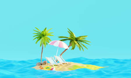 Summer vacation beach abstract background concept, Minimal Realistic Display Podium for Product mock-up or Cosmetics with summer theme, beach umbrella, sand, chairs, inflatable ring. 3d renderingの写真素材