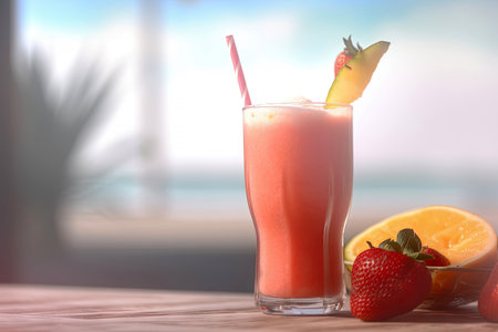 Close up of smoothie frappe fruits juice with other fruits, strawberries, orange, pineapple, sorbet, and peach on wooden table at summer beach an sea vacation background, with Generative AI.の素材