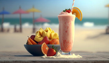 Close up of smoothie frappe fruits juice with other fruits, strawberries, orange, pineapple, sorbet, and peach on wooden table at summer beach an sea vacation background, with Generative AI.の素材