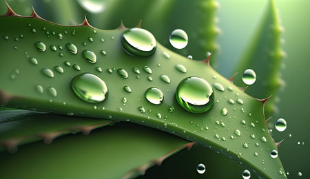 Aloe vera cover with drops of water. Macro close up Succulent leaves and water. Generative AI.の素材