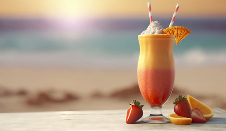 Close up of smoothie frappe fruits juice with other fruits, strawberries, orange, pineapple, sorbet, and peach on wooden table at summer beach an sea vacation background, with Generative AI.の素材