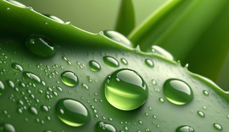Aloe vera cover with drops of water. Macro close up Succulent leaves and water. Generative AI.の素材