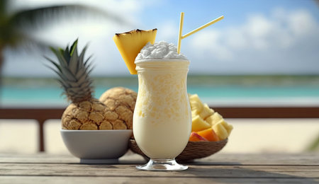 Close up of smoothie frappe fruits juice with other fruits, strawberries, orange, pineapple, sorbet, and peach on wooden table at summer beach an sea vacation background, with Generative AI.の素材