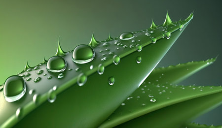 Aloe vera cover with drops of water. Macro close up Succulent leaves and water. Generative AI.の素材