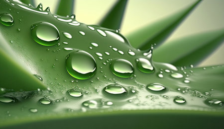 Aloe vera cover with drops of water. Macro close up Succulent leaves and water. Generative AI.の素材
