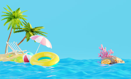Summer vacation beach abstract background concept, Minimal Realistic Display Podium for Product mock-up or Cosmetics with summer theme, beach umbrella, sand, chairs, inflatable ring. 3d renderingの写真素材