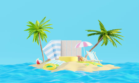 Summer vacation beach abstract background concept, Minimal Realistic Display Podium for Product mock-up or Cosmetics with summer theme, beach umbrella, sand, chairs, inflatable ring. 3d renderingの写真素材