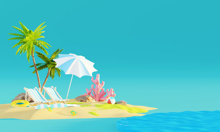 Summer vacation beach abstract background concept, Minimal Realistic Display Podium for Product mock-up or Cosmetics with summer theme, beach umbrella, sand, chairs, inflatable ring. 3d renderingの写真素材