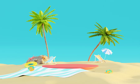 Summer vacation beach abstract background concept, Minimal Realistic Display Podium for Product mock-up or Cosmetics with summer theme, beach umbrella, sand, chairs, inflatable ring. 3d renderingの写真素材