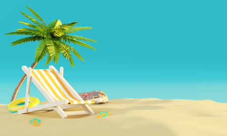 Summer vacation beach abstract background concept, Minimal Realistic Display Podium for Product mock-up or Cosmetics with summer theme, beach umbrella, sand, chairs, inflatable ring. 3d renderingの写真素材