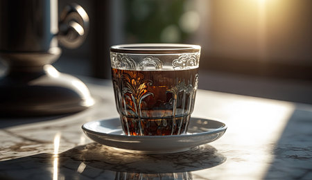 Morning Coffee in modern cup on marble table with flowers in spring season and sunlight, calm and relax coffee, relaxation time, hot beverage, with Generative AI.の素材