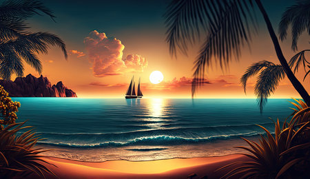 Summer vacation, tropical beach with blue sky and sea for relaxation, panoramic beach background, summer holiday with beautiful nature sand, sunlight, ocean water with Generative AI.の素材