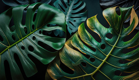 Tropical summer green leaves background, panoramic dark green scene, nature environment concept, abstract luxury foliage with Generative AI.の素材