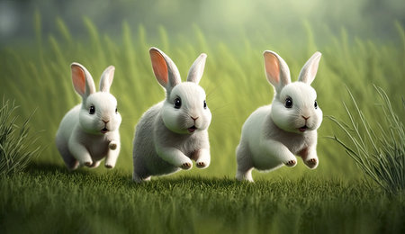 Cute little rabbits running on grass field yard in the morning with sunlight, enjoy lovely and happiness, bunny in fresh environment spring seasons, with Generative Ai.の素材