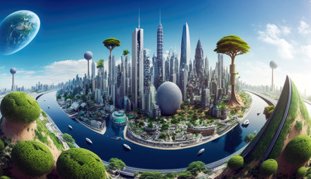 Futuristic friendly ecology mega city buildings and towers, green environment city center metropolis, forest and garden in midtown, greenery skyscraper, Sustainable nature with Generative AIの素材