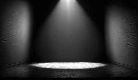 Studio empty stage background with spot light beam shine on background, concert stand with blank space for mock up, swirling fume, with Generative Ai.の素材