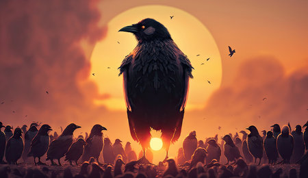The King of royal black crow standing out between other crows, black birds, nature animals wildlife background, with Generative AI.の素材